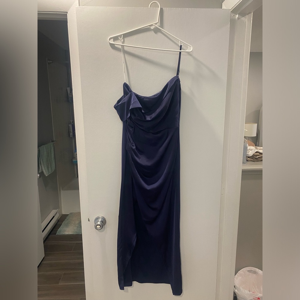 Lulus Showing Off a Little Navy Blue Asymmetrical Tulip Midi Dress